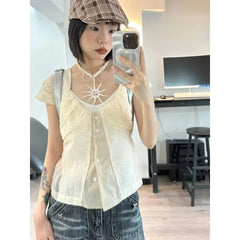 Aiertu Y2K Vintage Women's Blouse See Through Short Sleeve Slim Shirts Japanese 2000s Style Summer Gyaru Streetwear Cardigan Aiertu