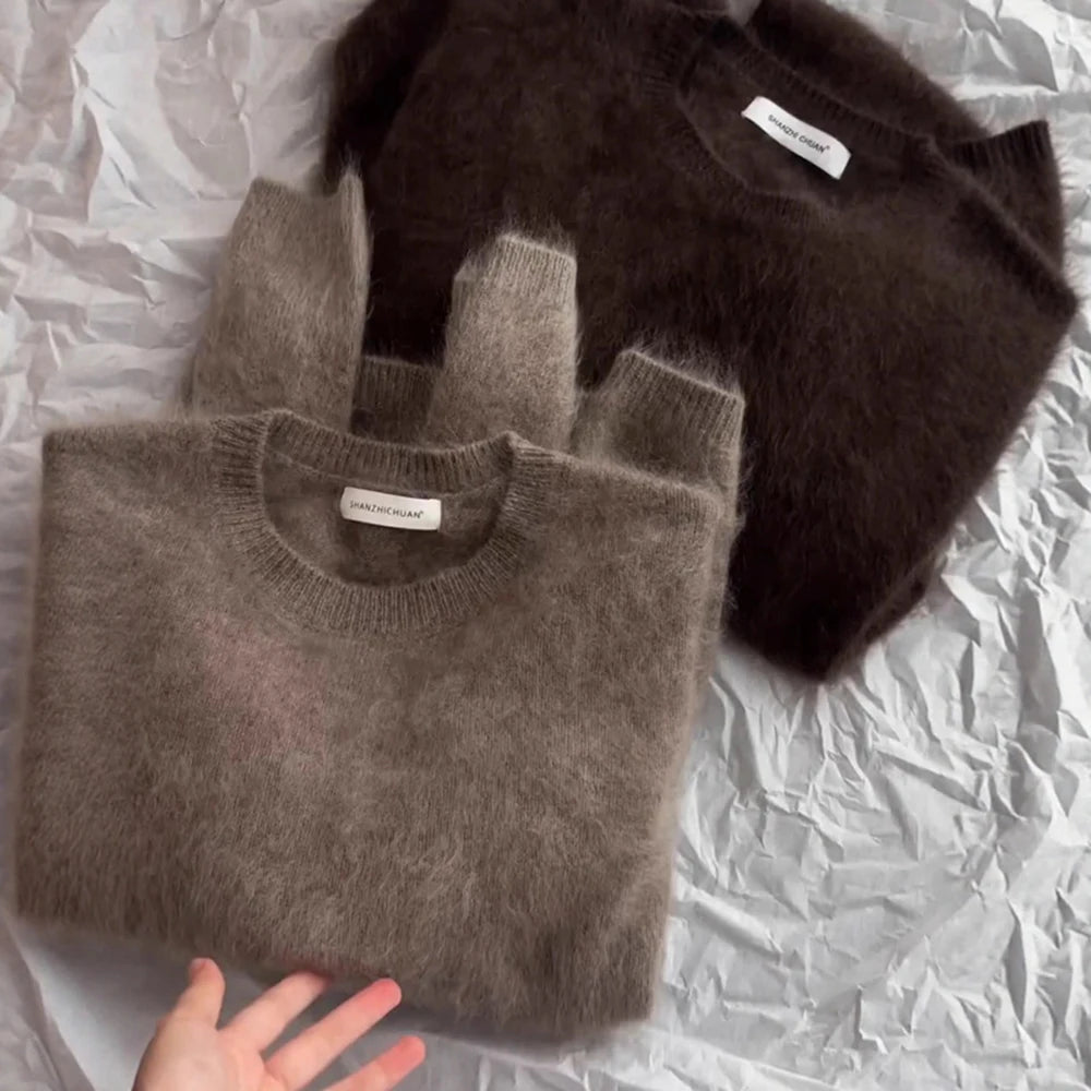 AIERTU  -  Oversized Mohair Round Neck Pullover Sweater Women's Autumn Winter Plus Size Soft Knitted Top Chic Casual Outerwear Inner Wear Aiertu