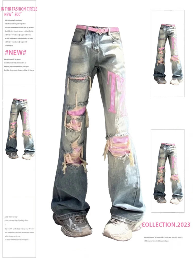 Aiertu Women's Vintage Blue Ripped Jeans Baggy Denim Trousers 2000s High Waist Korean Y2k Streetwear Female Punk Wide Leg Pants Clothes Aiertu