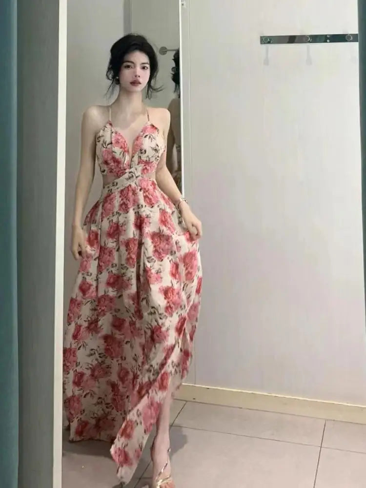 Aiertu Halter V Neck Hollow Out  Rose Print Long Dress Women Fashion Sleeveless Backless High Split Elegant Ruched Dress Holiday Summer Aiertu