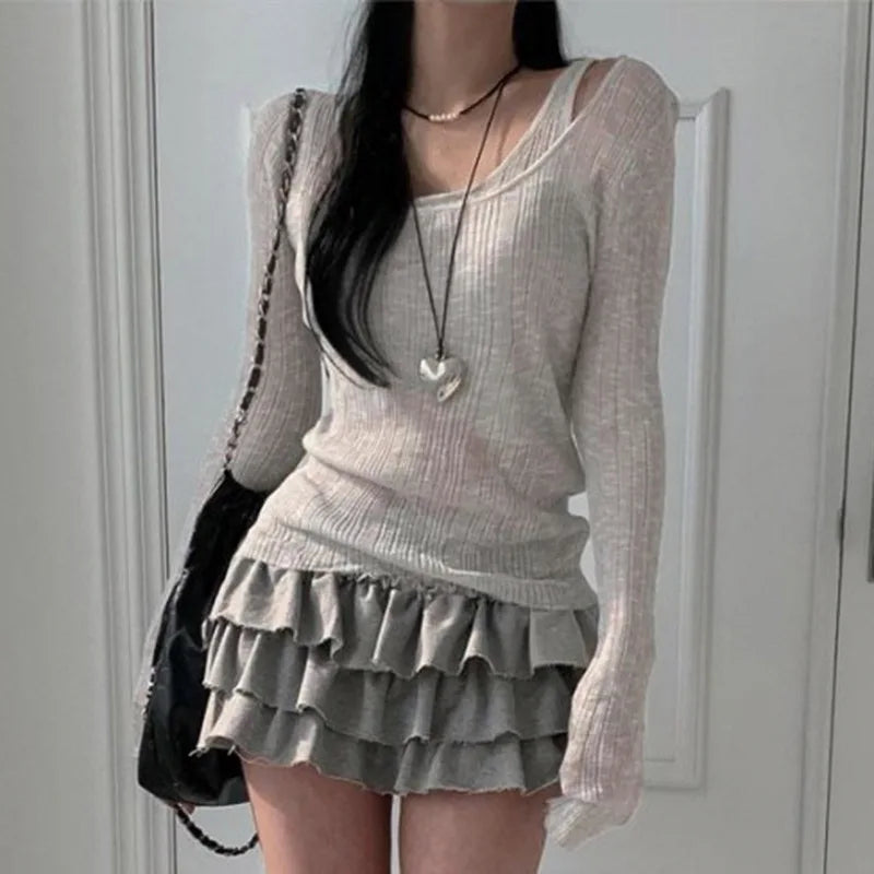 Aiertu Two Pieces Set Autumn Simple Casual Long Sleeve Vintage Women T-shirts + Japanese Solid Bottoming Y2k Aesthetic All Match Tanks Aiertu