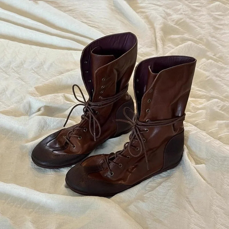 AIERTU  -  New Women's Shoes Retro Luxury Genuine Leather Motorcycle Boots for Woman Fashion Lace Mid Calf Boots Designer Shoes Botas Mujer Aiertu