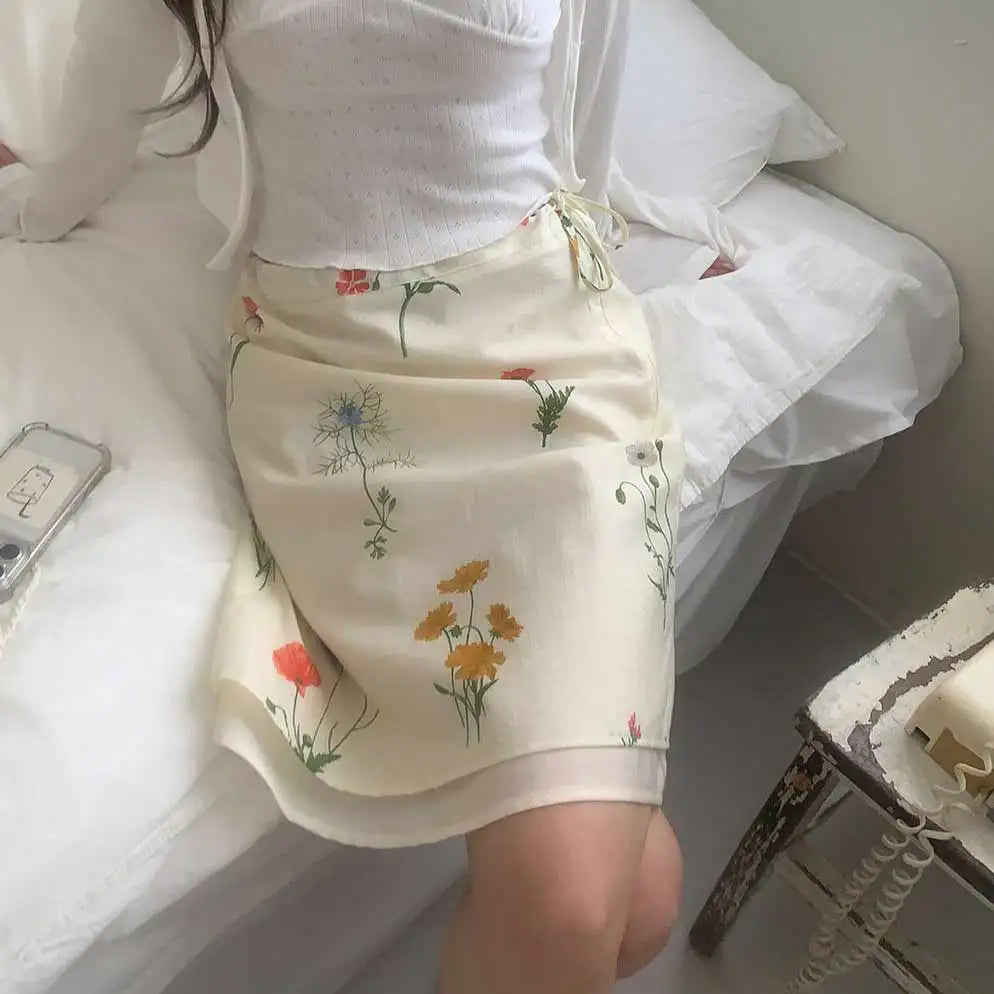 AIERTU  -  Summer Korean High Street Casual Mini Skirt Women's Botanical Floral Print Drawstring Tie Skirt Vintage Elegant Holiday Skirt Aiertu