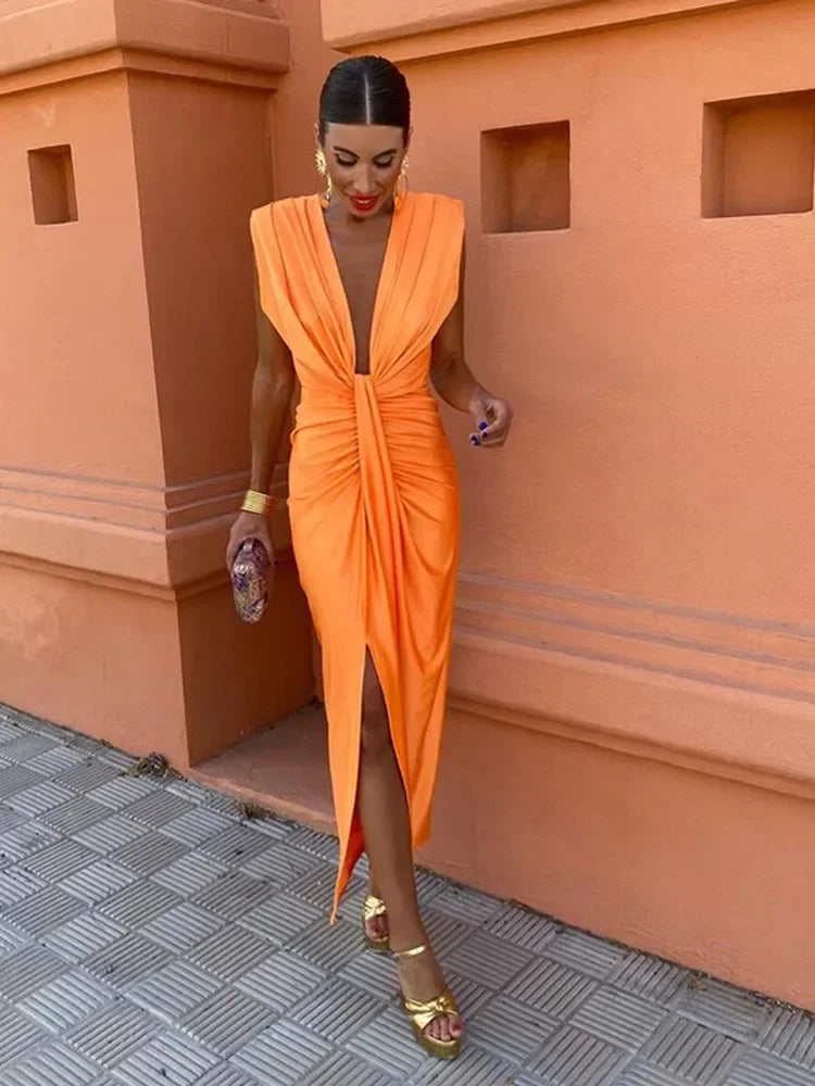 Aiertu Sexy Deep V Neck Pleated Split Dresses Women Chic Sleeveless Slim Midi Vestidos 2024 Summer Elegant Female Evening Party Robes Aiertu