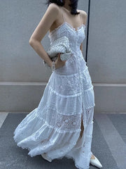 Aiertu White Suspender Embroidered Dress For Women'S Summer High-End Hollowed Out Design, Elegant And Chic Long Skirt Aiertu