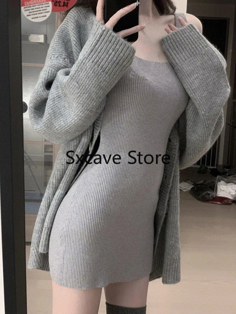 Aiertu Gray 2 Piece Dress Set Women Casual Long Sleeve Cardigan + Bodycon Strap Sweater Dress Evening Party Knitted Suit Aiertu