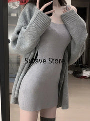 Aiertu Gray 2 Piece Dress Set Women Casual Long Sleeve Cardigan + Bodycon Strap Sweater Dress Evening Party Knitted Suit Aiertu