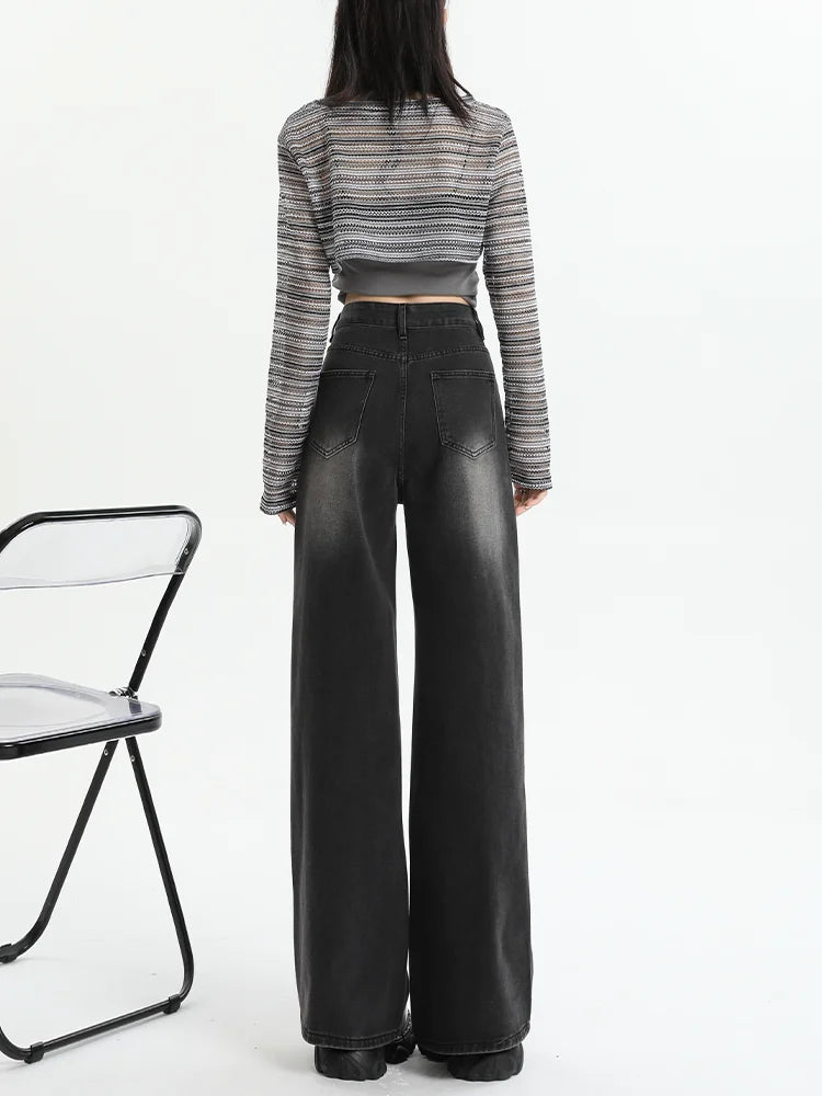 Aiertu Black Gray American Retro Jeans Wide Leg Baggy Pants Streetwear Trousers Y2k Fashion Spice Girls Denim Pants Straight Jeans aiertu