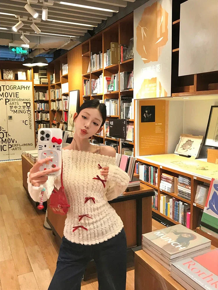 Aiertu Sweet Bow Knitted Pullover Women Off Shoulder Sexy Long Sleeve Sweaters Korean Style Kawaii Autumn Winter Pullovers Aiertu