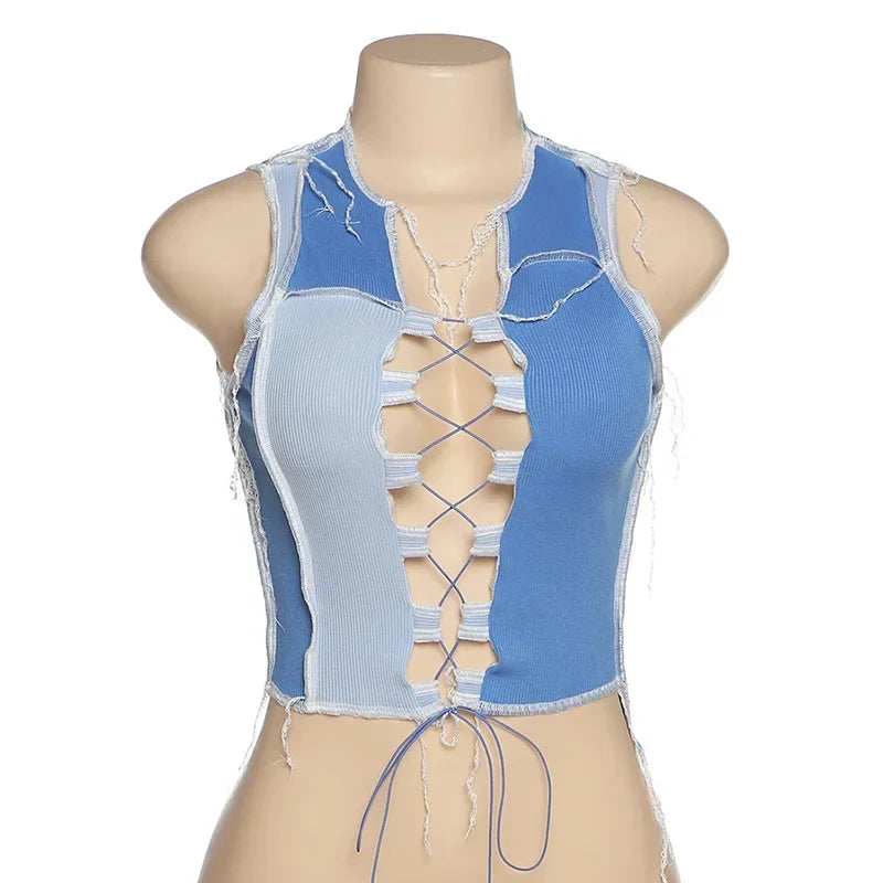 Aiertu Sexy Sleeveless Cropped Tops Women Bandage Cut Out Hole Patchwork Knitwear Camis Summer Bodycon Tie Front Tank Top Streetwear Aiertu