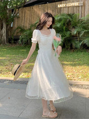 Aiertu Women Sweet Pink Puff Sleeve A-line Mini Dress Female Mesh  Square Collar Holiday Dress Shiny Girl Design Dress Aiertu