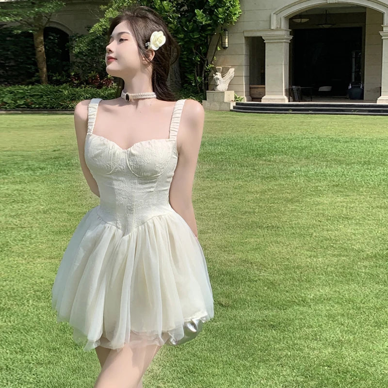 Women Retro Slit V neck Corset Strap Dress Bright Chiffon Spliced Wood ears Ruffle Hem Cake Mini Party Dresses Robe Aiertu