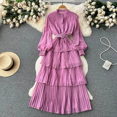 Aiertu Spring French Style Chiffon Long Dress 2023 Long Sleeve Single Breasted Fashion Belt Women A-Line Elegant Party Dress Aiertu