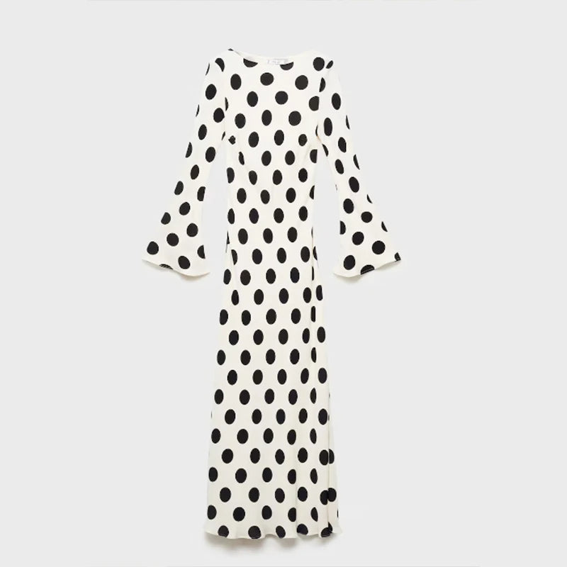 AIERTU  -  Flare Sleeve Dot Printed Round Collar Ladies Maxi Dress Spring Fall Holiday Elegant Party Slim Club Mujer Gowns Aiertu