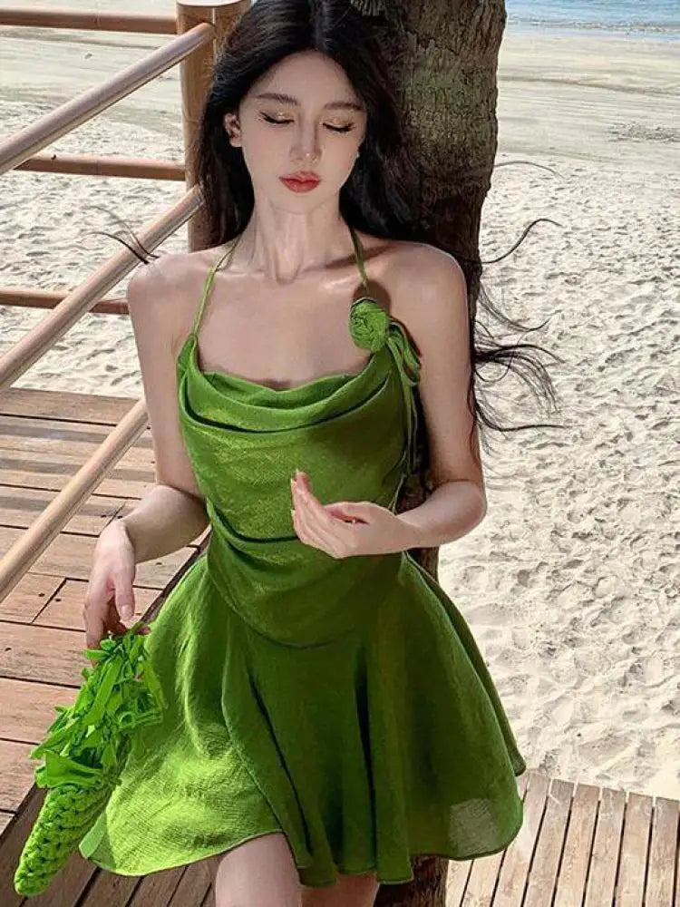 Aiertu Summer Green Sleeveless Slip Sexy Club Vacation Elegant Pleated Mini Dress 2024 New Fashion Evening Party Dress Women Streetwear Aiertu