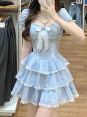 Aiertu 2024 Summer Sweet Kawaii Blue Plaid Dress Woman Lolita Lace Y2k Mini Dress Short Party Elegant One Piece Dress Korean Fashion Aiertu