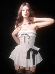 Aiertu Coquette Y2k Off Shoulder Sexy Ruffles Mini Dress Women Bow Sweet Kawaii Cute Design Party Short Dresses 2024 Fashion Aiertu