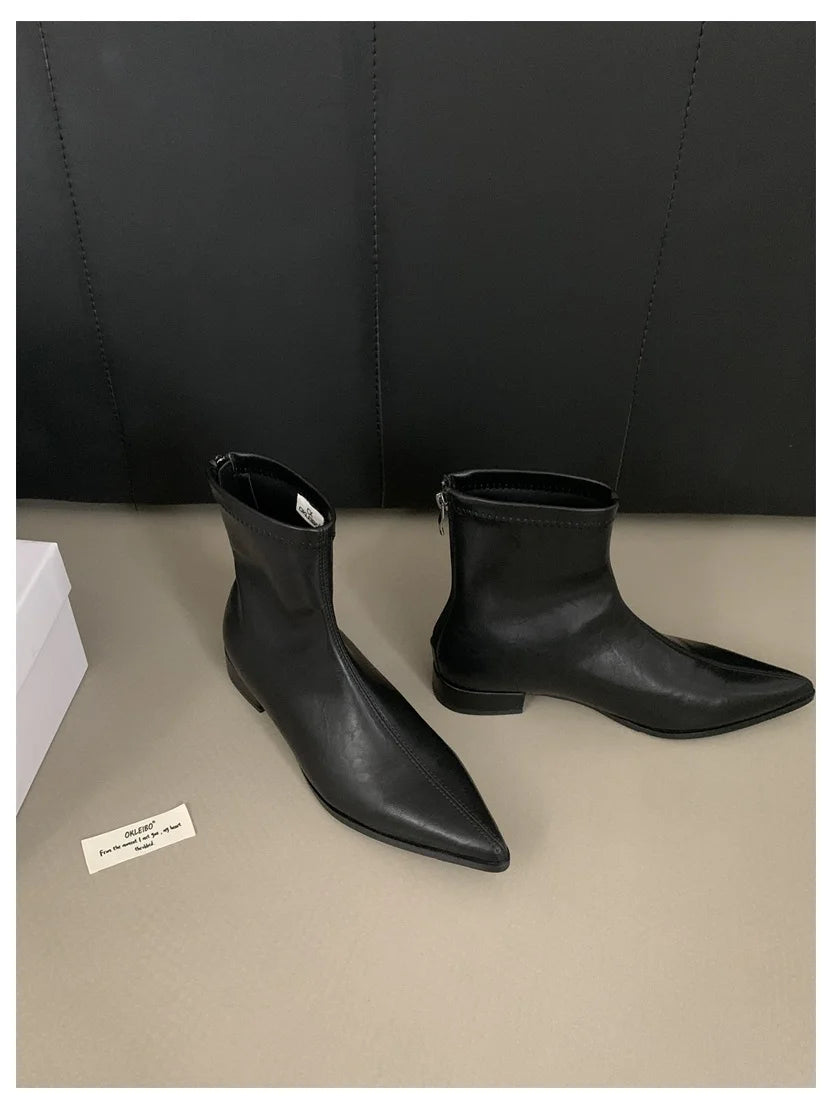 Ankle Boots Women Chunky Heels Pointed Toe Winter Shoes Women Flat Short Boot Brand Zipper Chelsea Booties Zapatillas Mujer Aiertu