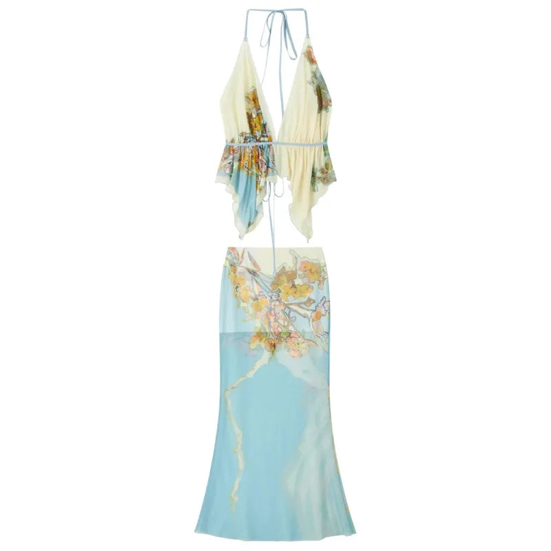 AIERTU  -  Floral Plant Printed Bikini Set Women's Slim-fit Fashion Lace Up Sexy Perspective Backless Holiday Beach Dopamine Style Dress Aiertu