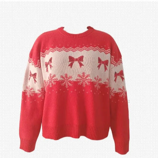 AIERTU  -  Women's Christmas Sweater Round Neck Long Sleeve Pullover Bow Decor Casual Tops Soft Warm Cozy Festive Holiday Knitwear Sweaters Aiertu