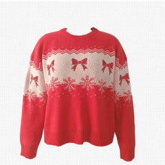AIERTU  -  Women's Christmas Sweater Round Neck Long Sleeve Pullover Bow Decor Casual Tops Soft Warm Cozy Festive Holiday Knitwear Sweaters Aiertu