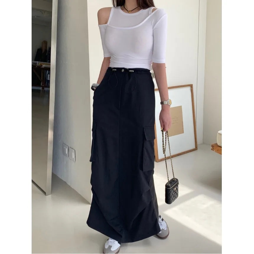 AIERTU  -  Fashionable Korean Style Pure Color Drawstring Work Skirt High Waist H-Shape Loose Fit Commute Style Ladies Skirt Aiertu