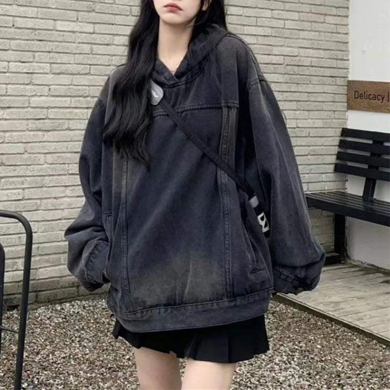 AIERTU  -  Y2k American Street Retro Washed Denim Pullover Hoodie Women Spring Autumn New Loose Jacket Solid Fashion Sweatshirts Aiertu