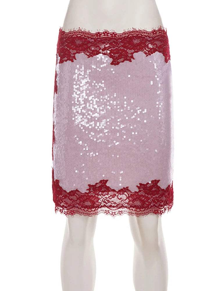 AIERTU  -  Women Sequin Lace Midi Skirt High Waist White Lace Trim Bodycon Pencil Skirt Light Slim Fit Skirt Elegant Party Nightclub Bottom Aiertu