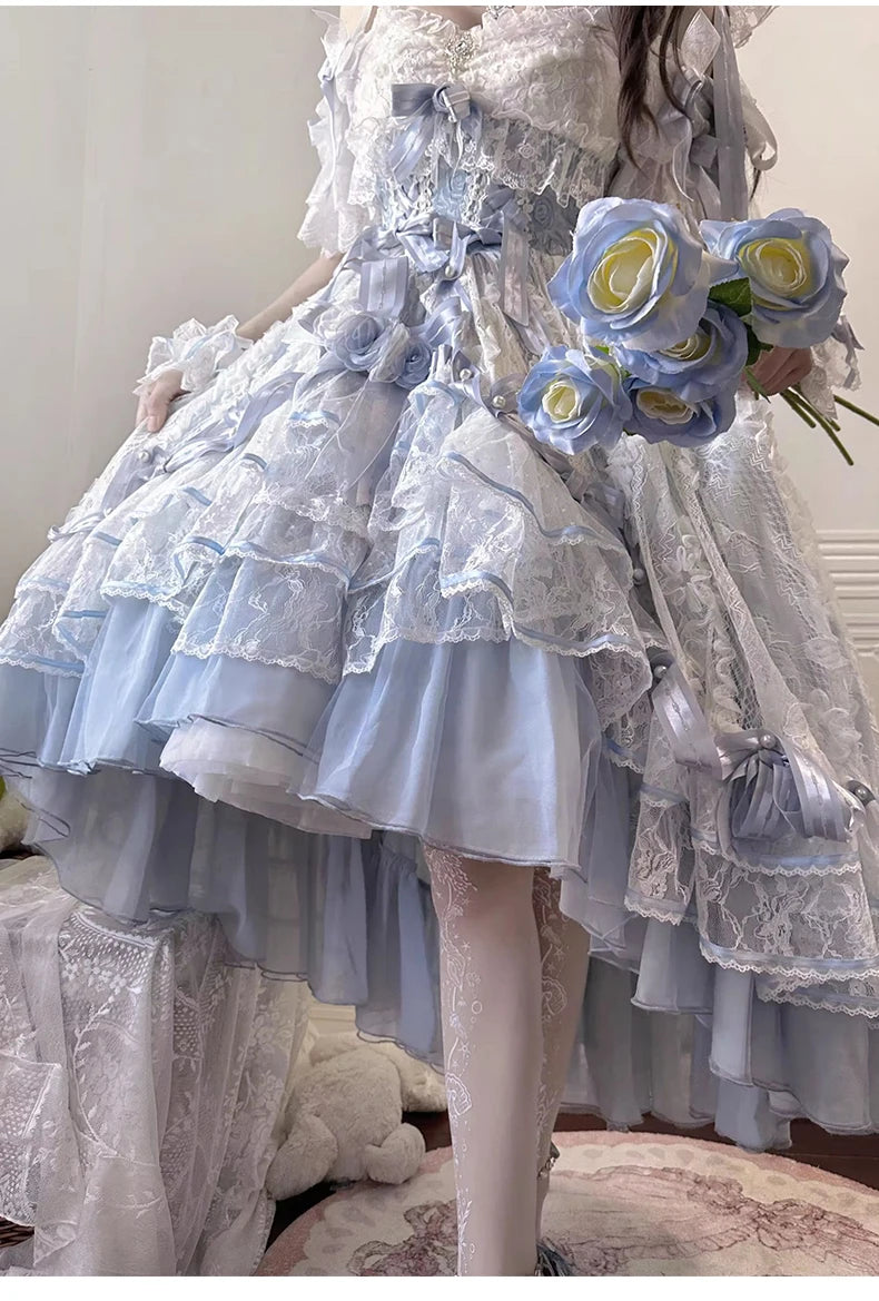AIERTU  -  French Sweet Girl Original Lolitajsk Dress Lace Flower Wedding Dress Student Bar Mitzvah Blue Suspender Princess Dresses Aiertu