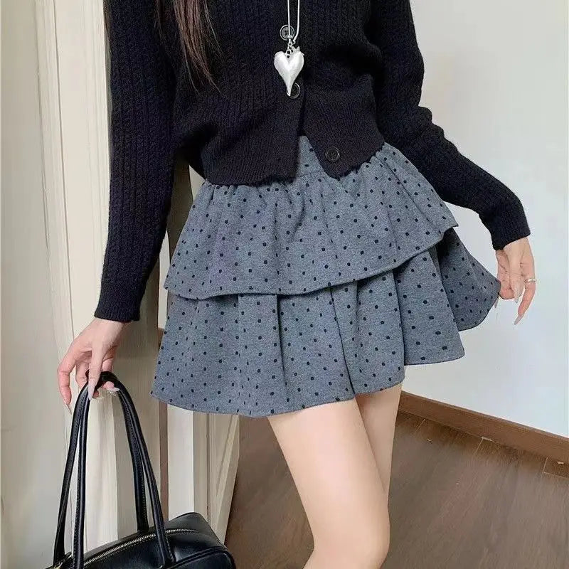 Aiertu Sweet Kawaii Mini Skirt Women Grey Korean Style Elegant Dot Short Skirts Coquette Fashion High Waist Cute Ruffle Skirt Aiertu