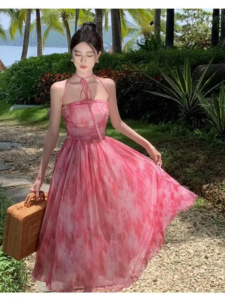 Aiertu French Pink Print Elegant Vacation Long Dresses 2024 Summer New Birthday Evening Party Women Clothes Fashion Sundress Ladies New Aiertu
