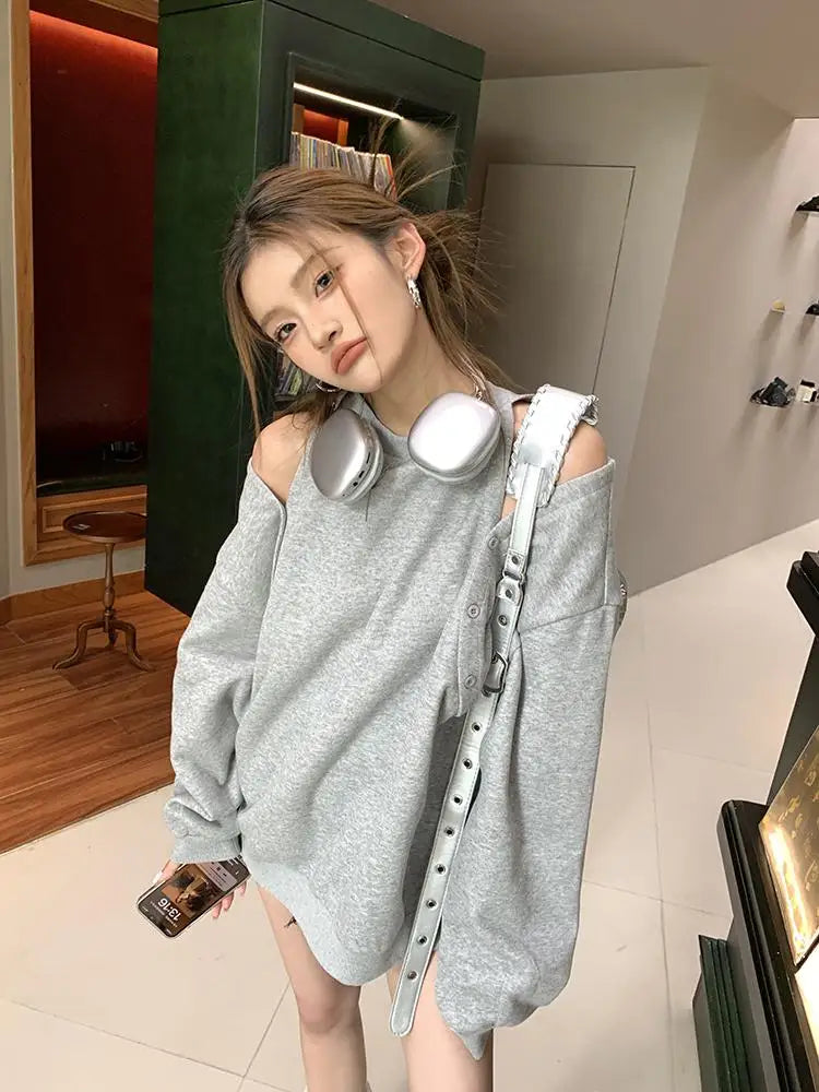 Aiertu Women Black Elegant Long Sleeve Button Off Shoulder T Shirt Casual For Spring Autumn Gray Round Neck Loose Pullover Tops Fashion Aiertu