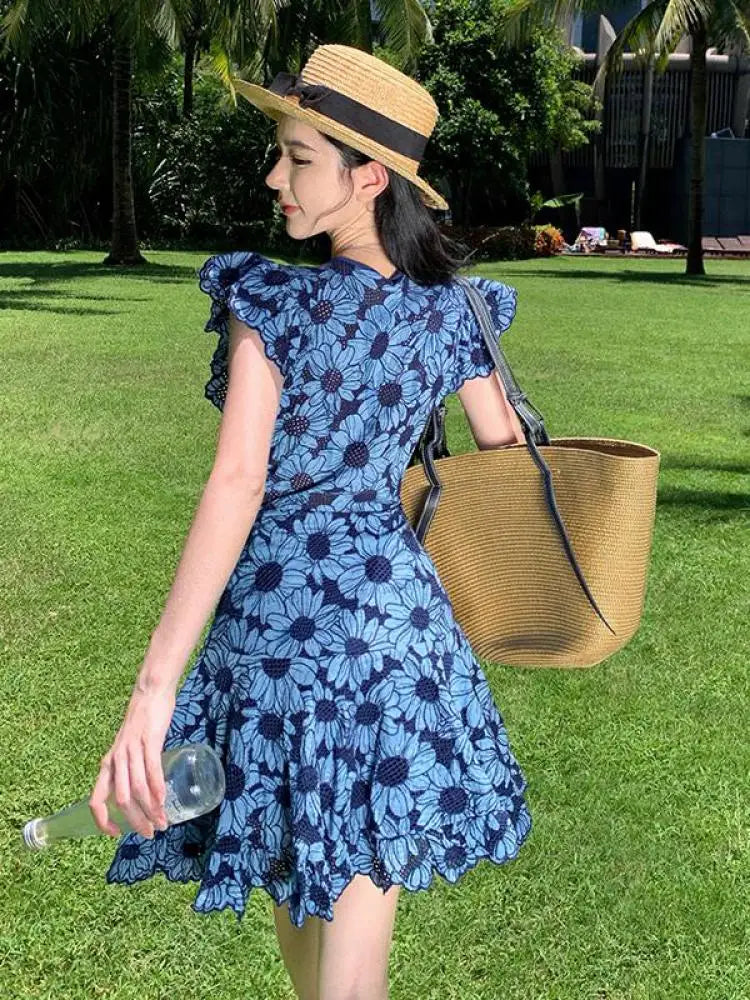 Aiertu Blue Daisy Flower Embroidery Hollow Out Dress Women Summer Flying Sleeve Lace Up Ladies Elegant Fashion Boho Holiday Mini Dress Aiertu
