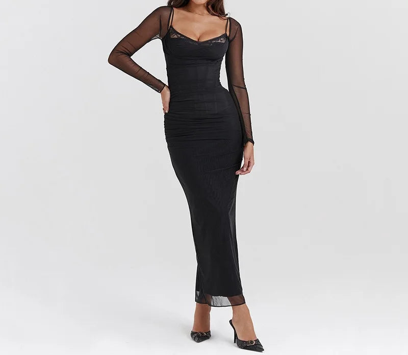AIERTU  -  Spring Summer Fashion Long Sleeve Mesh Dress High End Slim Temperament Slit Long Dress Aiertu