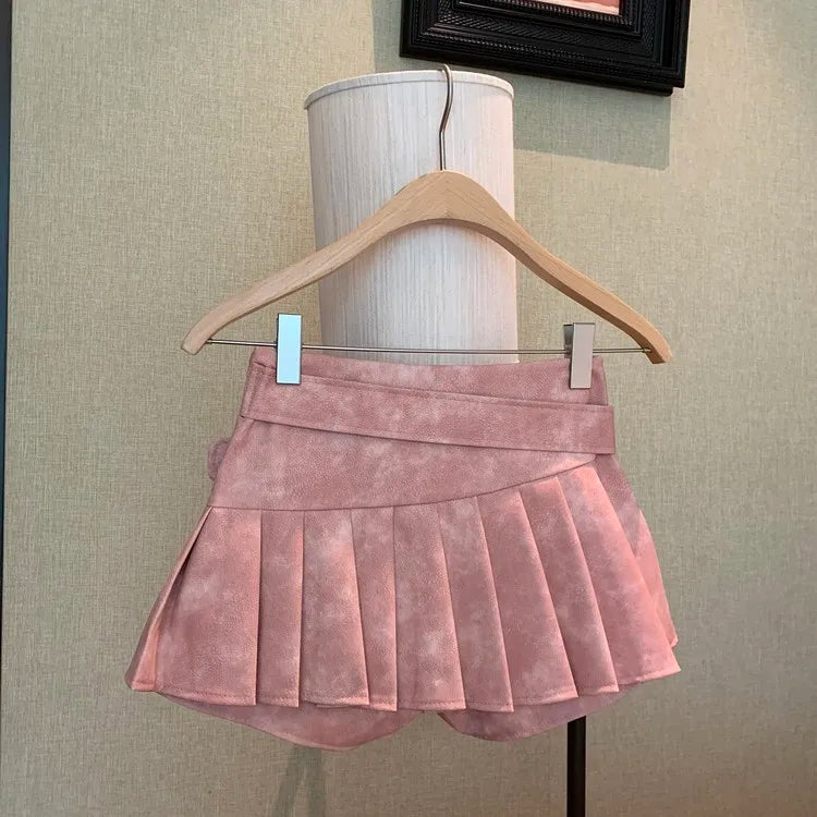 Aiertu  New Winter Women’s Sexy 90S PU Faux Leather Skirt Short Skinny High With Belt Short Mini Pleated Skirt With Shorts Y2K Aiertu