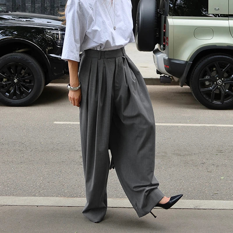 AIERTU  -  French Stylish Commuter Gray Pleated Harem Pants for Women Summer Fashion High Waist Chic Baggy Trousers with Pockets Aiertu