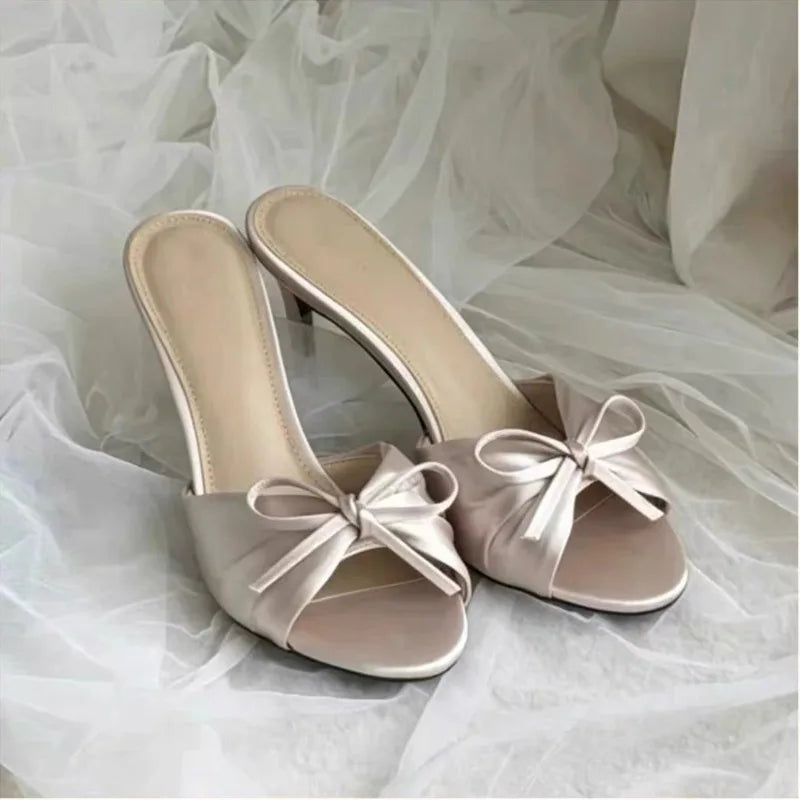 AIERTU  -  Women's Satin Bow Slippers Summer Open Toe Women Stiletto Heel Sandals Elegant Party Wedding Ladies Dress Shoes Non-slip Aiertu
