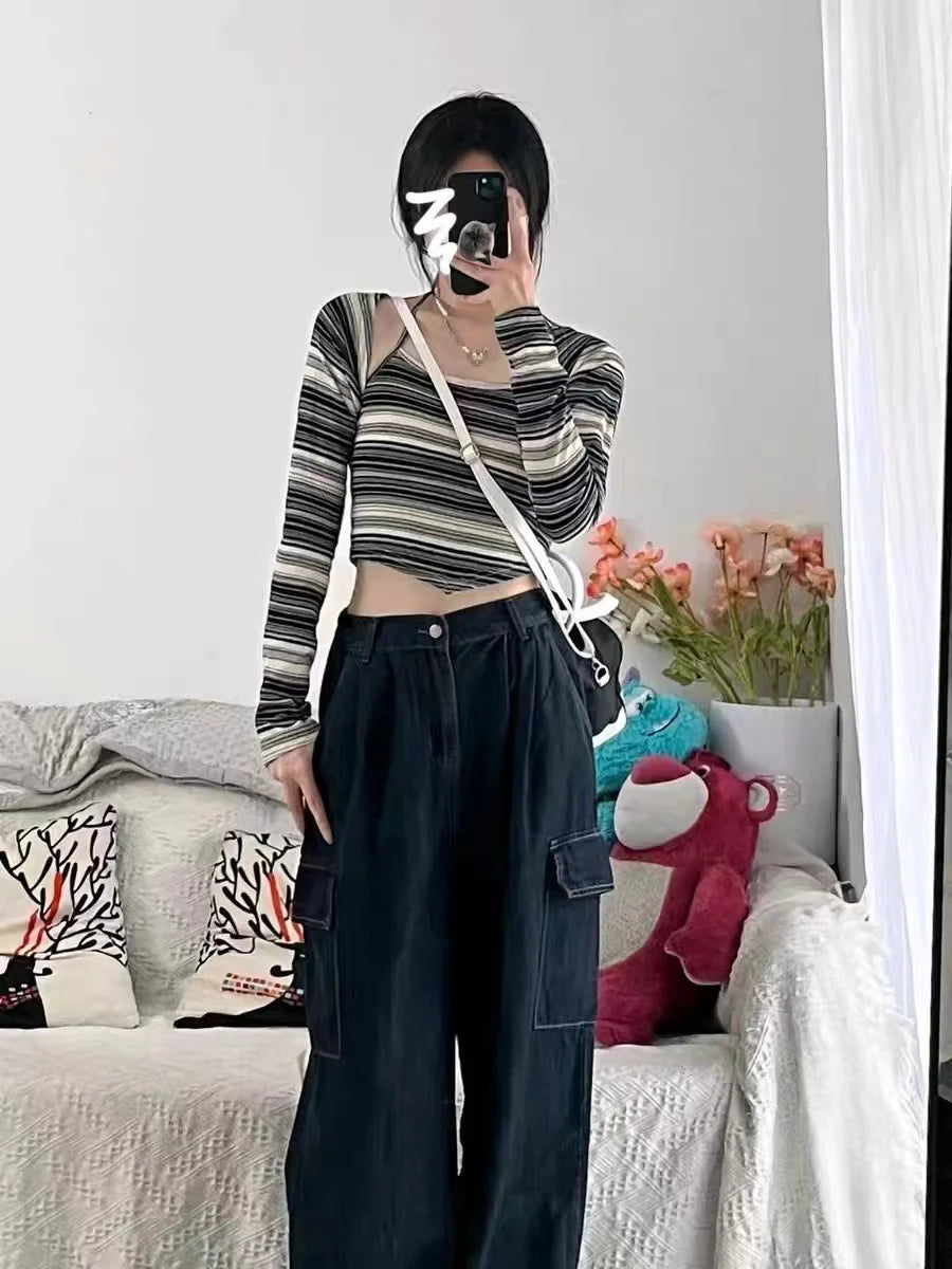 Aiertu Autumn Women Harajuku Cargo Baggy Blue Jeans Streetwear Hip Hop Oversize Casual Wide Leg Vintage Demin Pants Y2k Loose Trousers Aiertu