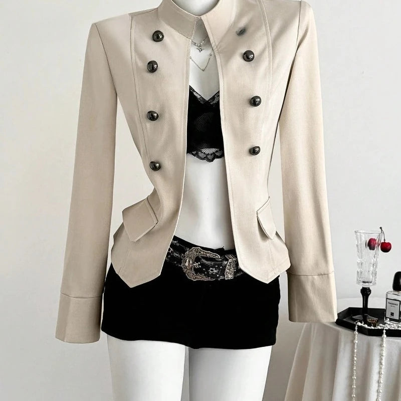 AIERTU  -  Y2k American Vintage Cropped Jackets Women Double Breasted Solid Outerwear Stand Collar Slim Fit Waist Elegant Chaquetas Aiertu