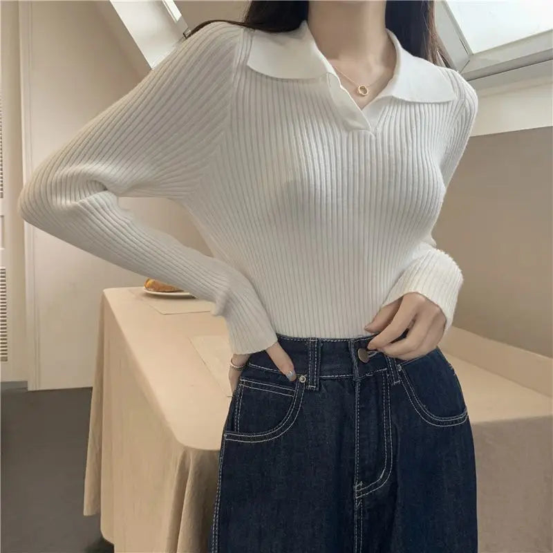 Aiertu FALL OUTFITS Knitted T Shirts For Women Clothes Streetwear High Quality Clothing Womens Polo Neck Tee Shirt Aesthetic Hot Top Vintage Striped aiertu