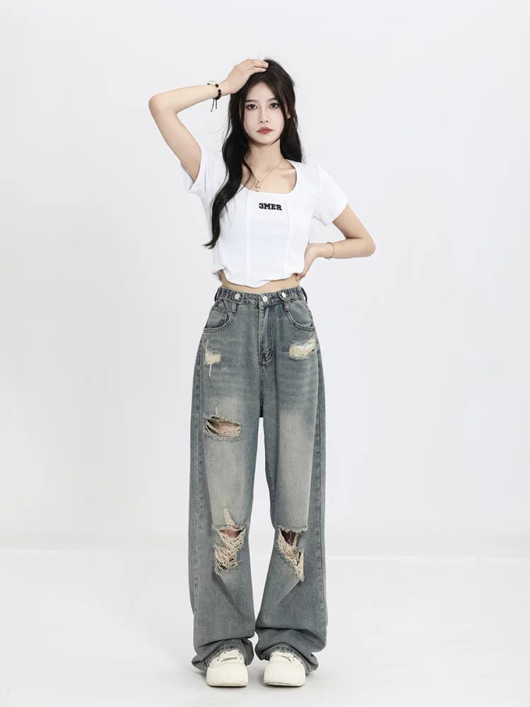 Aiertu Vintage Y2K Ripped Jeans Women Blue High Waist Straight Loose Denim Trousers Wide Leg Pants Streetwear Oversize Aiertu