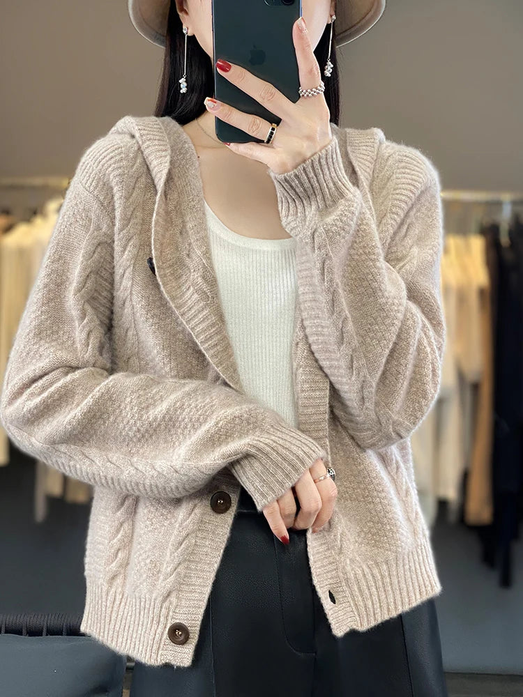 Women's Cardigan Autumn Winter High Quality Soft 100% Merino Wool Sweater Twist Flower Cashmere Knitted Hoodie Korean Aiertu