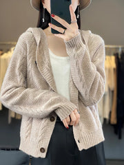 Women's Cardigan Autumn Winter High Quality Soft 100% Merino Wool Sweater Twist Flower Cashmere Knitted Hoodie Korean Aiertu