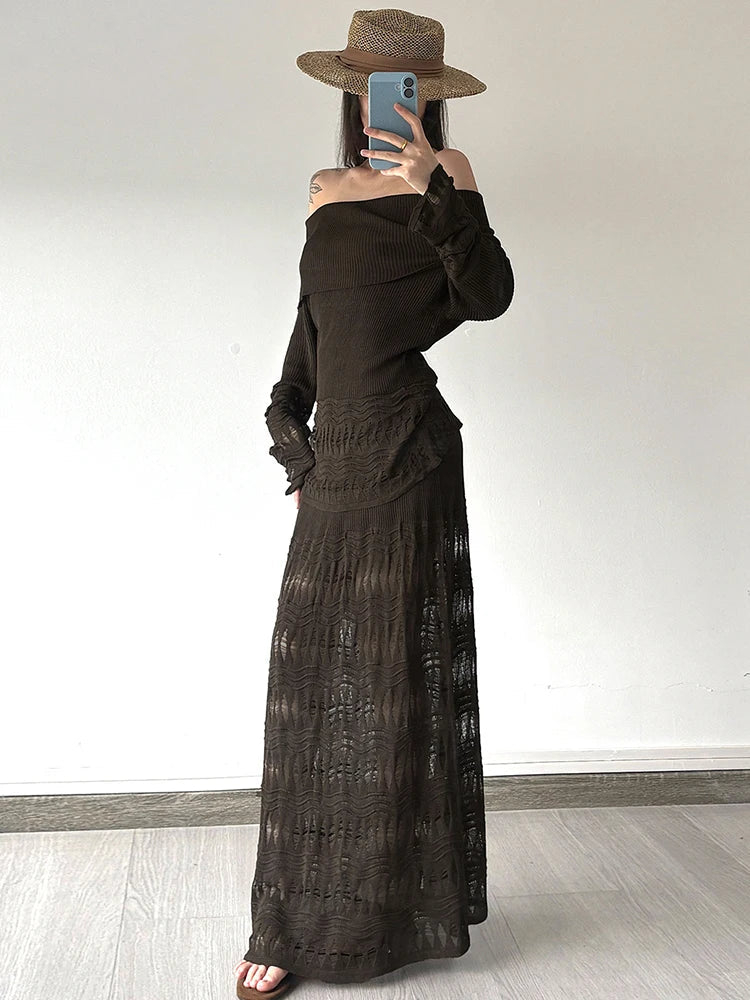 AIERTU  -  Off Shoulder Knit 2 Piece Set Long Sleeve Ruched Top Hollow Out Crochet Mermaid Maxi Skirt Y2K Beach Vacation Party Outfit Aiertu