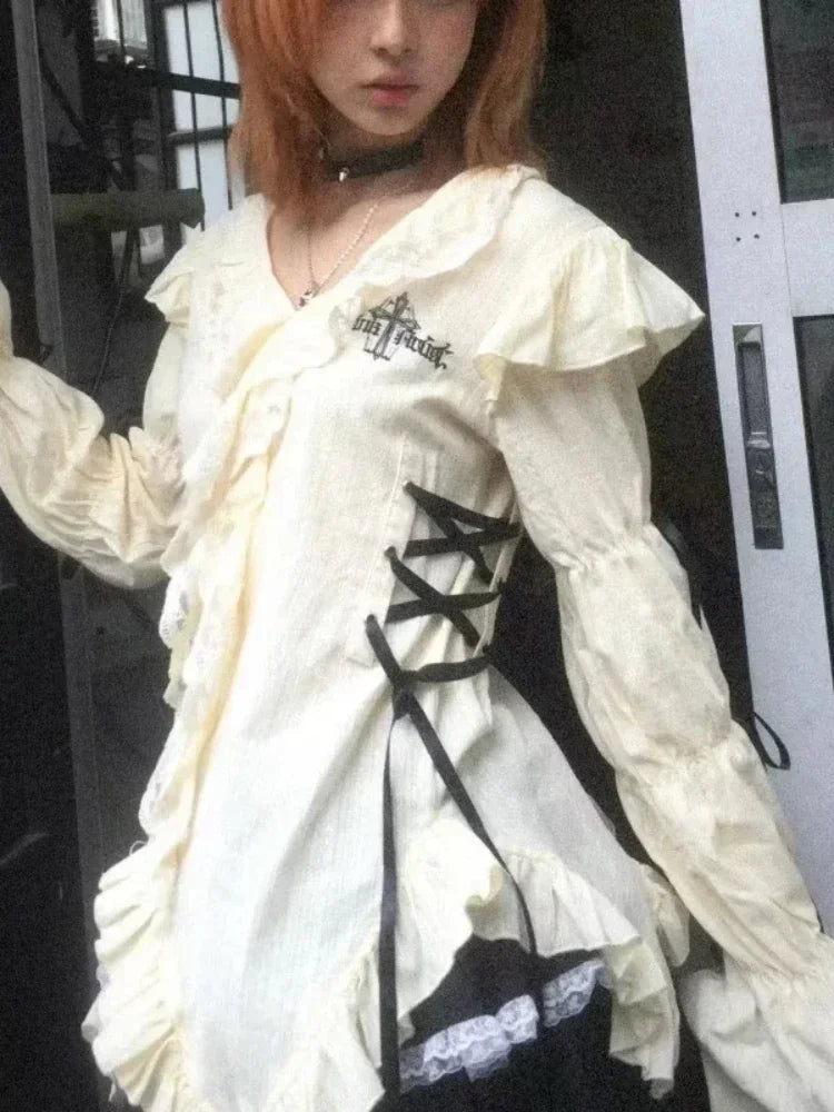 Aiertu Grunge Gothic Mall Goth Harajuku Y2k Aesthetics Lace Shirt Lolita Fairy Bandage Blouses 2024 Fashion Irregular Top Aiertu