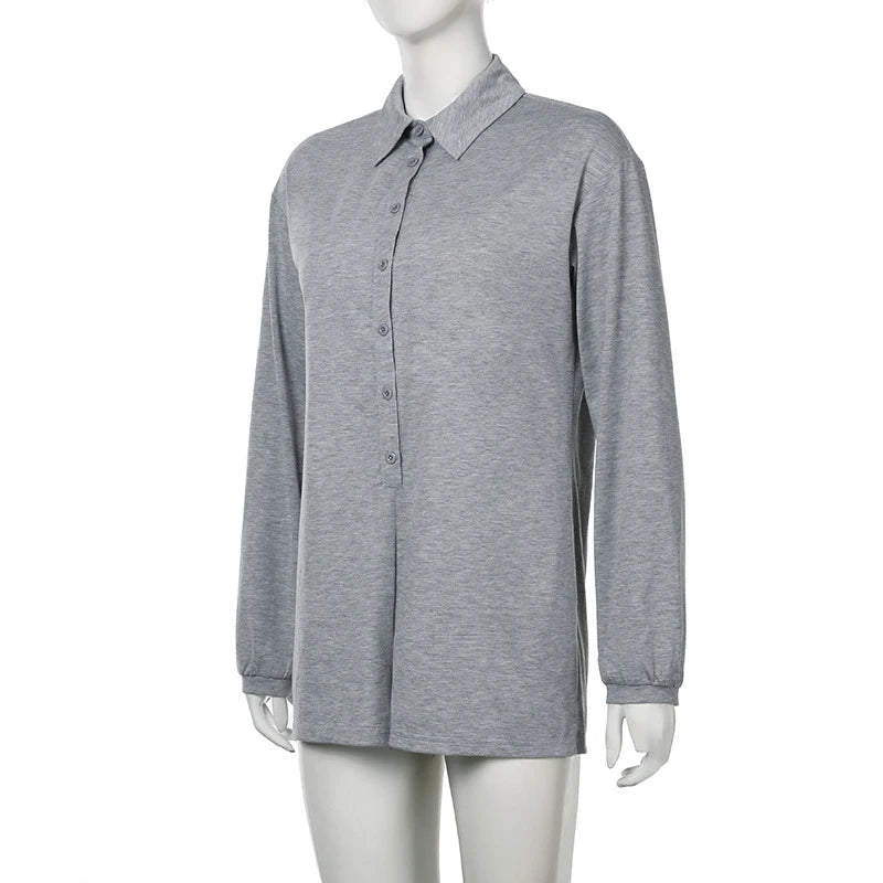 AIERTU  -  Casual Single-breasted Polo collar Loose Simple Long Sleeved Short Jumpsuits Street Gray Versatile Autumn Romper Clubwear Aiertu