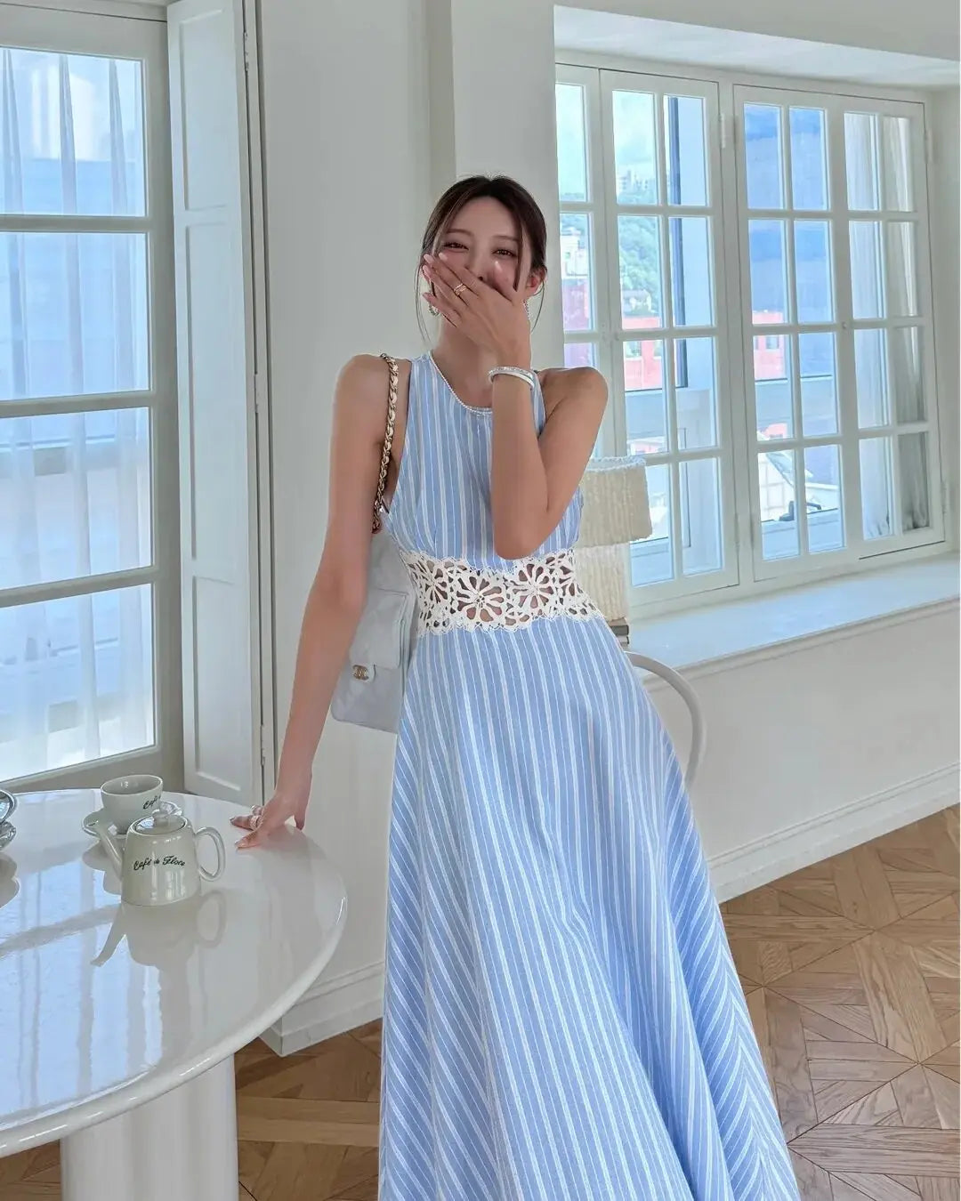 AIERTU  -  Women Dress Striped Pattern Waist Hollow Lace Splicing Backless Sleeveless Vest A-line Round Neck High Waisted Casual Long Dress Aiertu