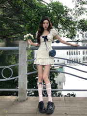 Aiertu 2024 Summer Woman Short Sleeve Y2k Mini Dress Party Slim Sweet Bow Dress Casual Outwear One Piece Dress Korean Fashion Chic Aiertu