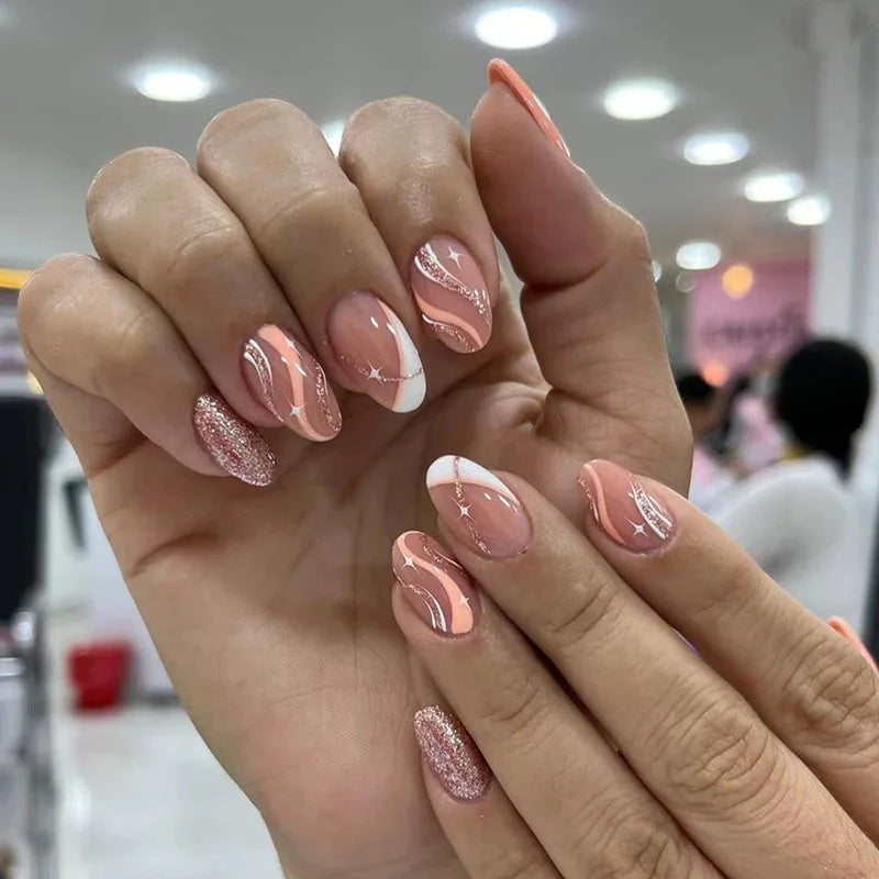 Aiertu Medium-length Acrylic Almond Fake Nails Art Cool Hottie Girl Wear False Nails Europe and USA Press on Nail Removable French Nail Aiertu