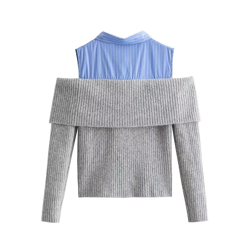 Aiertu Women Open Design Patchwork Cardigan Vintage Lapel Collar Long Sleeve Female Crop Knitwear Aiertu